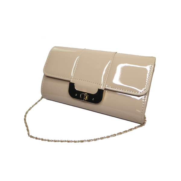Patent clutch bag in nude colour with chain shoulder strap