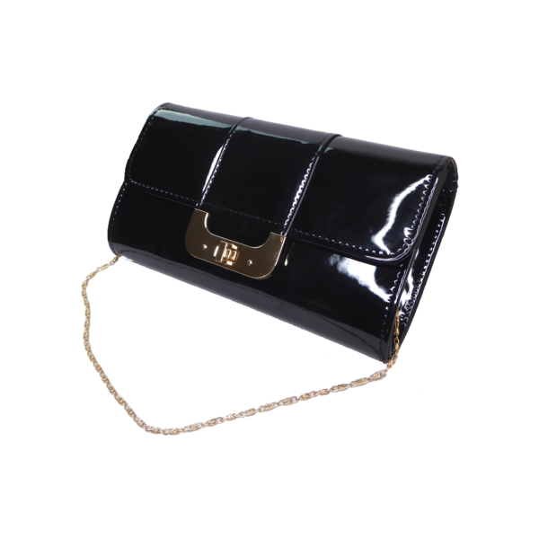 Black patent clutch bag with gold chain