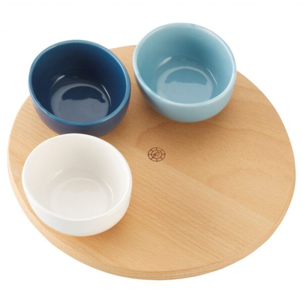 Dip dish set 2 shades of blue dishes one white on a wooden board